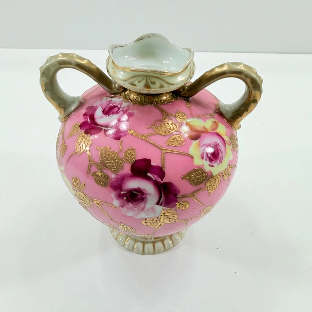 NIPPON Antique Old Mark Moriage Celadon‎ Art Nouveau Vase, Gold Pink Roses 5.75”